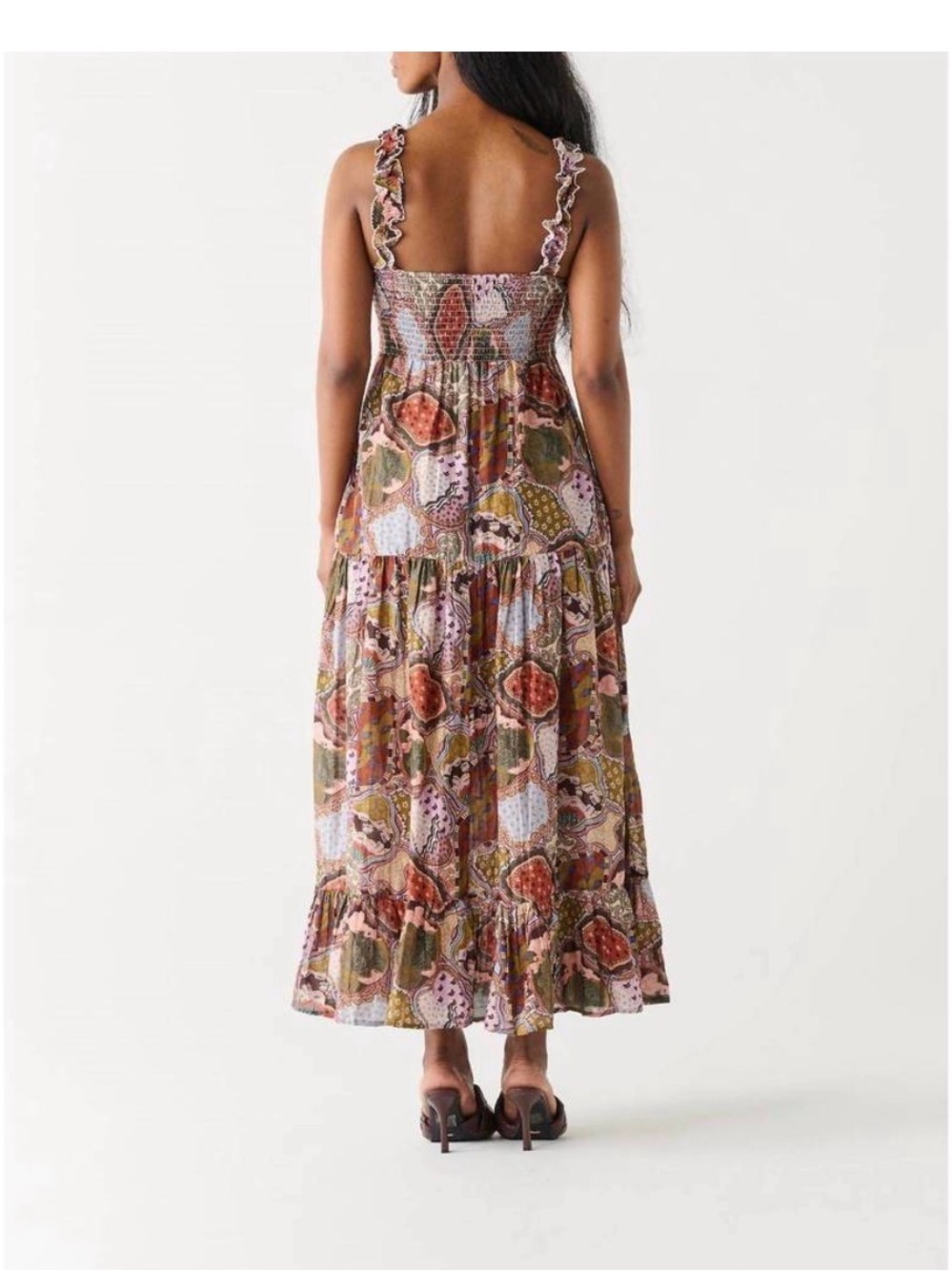 Dex Paisley Medallion Boho Patchwork Midi Dress Smocked Back Cottagecore M - Picture 2 of 6